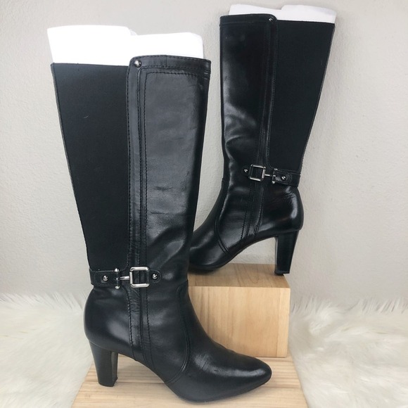 Anne Klein iFlex Gallagher Black Leather Riding Stacked Heel Boots Size 9.5M - Picture 1 of 4